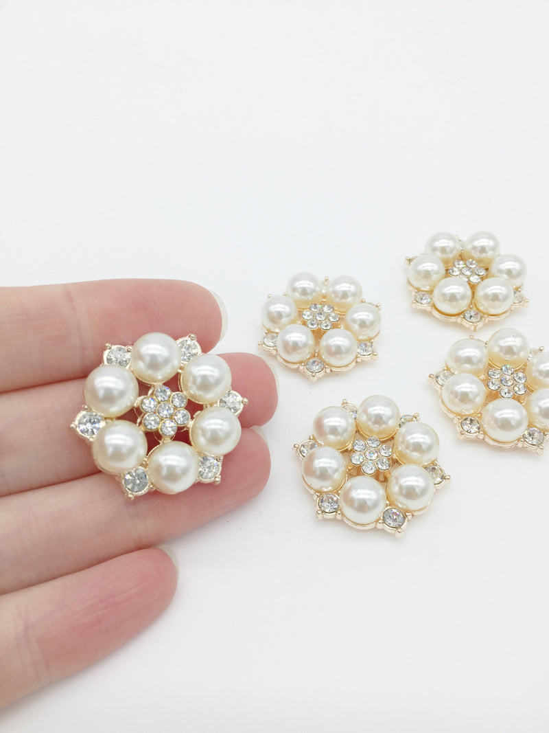 2 x Gold Plated Pearl and Crystal Flower Cabochons, 29mm (2324)