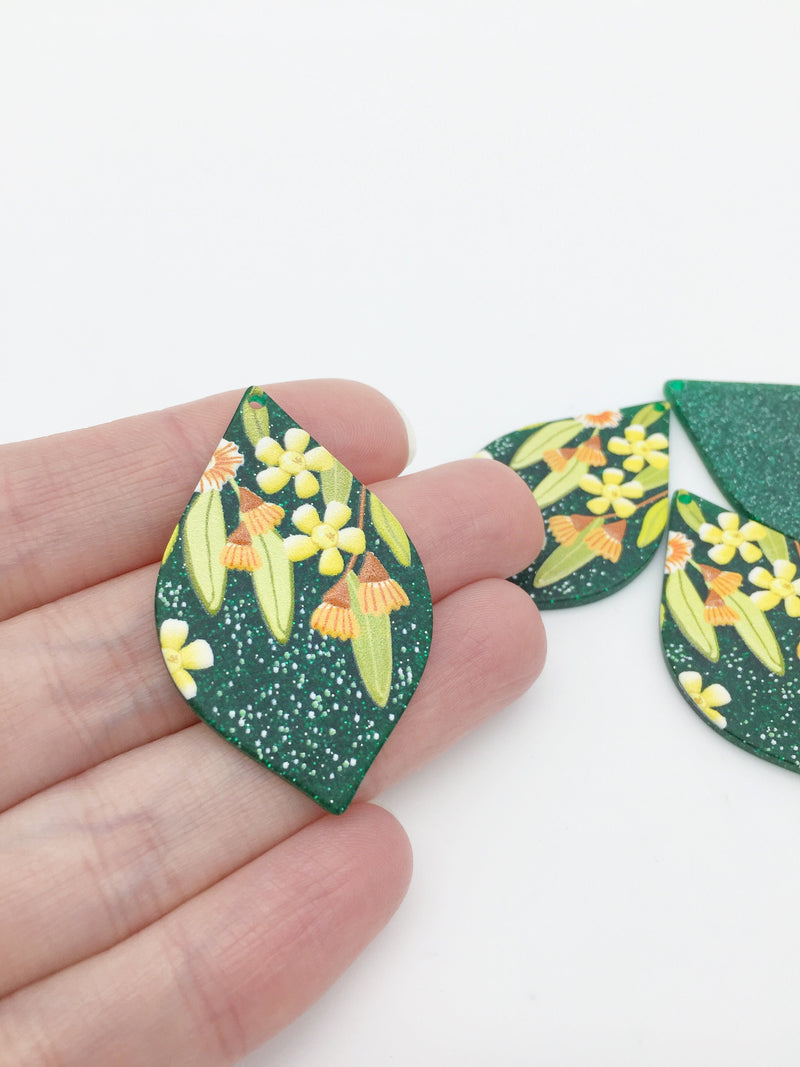 2 x Petal Shaped Emerald Green Acrylic Pendants, 36x27mm (2323)