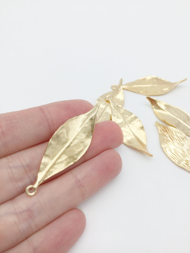 4 x Large Satin Champagne Gold Metal Leaf Pendants, 47x15mm (C8)