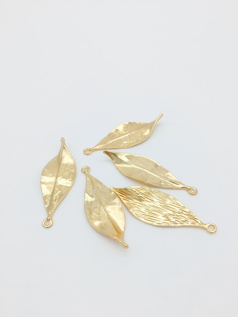 4 x Large Satin Champagne Gold Metal Leaf Pendants, 47x15mm (C8)