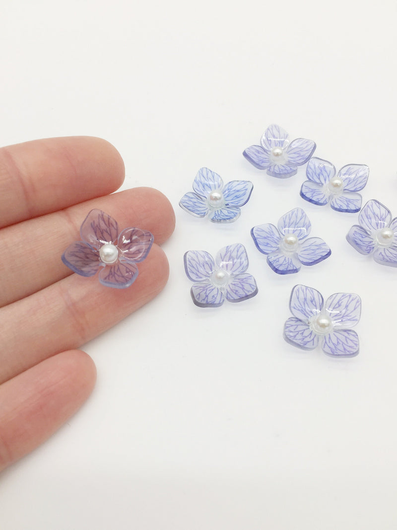 4 x Translucent Blue Flower Cabochons, 3D Flower Beads No Hole, 20x15mm (3141B)