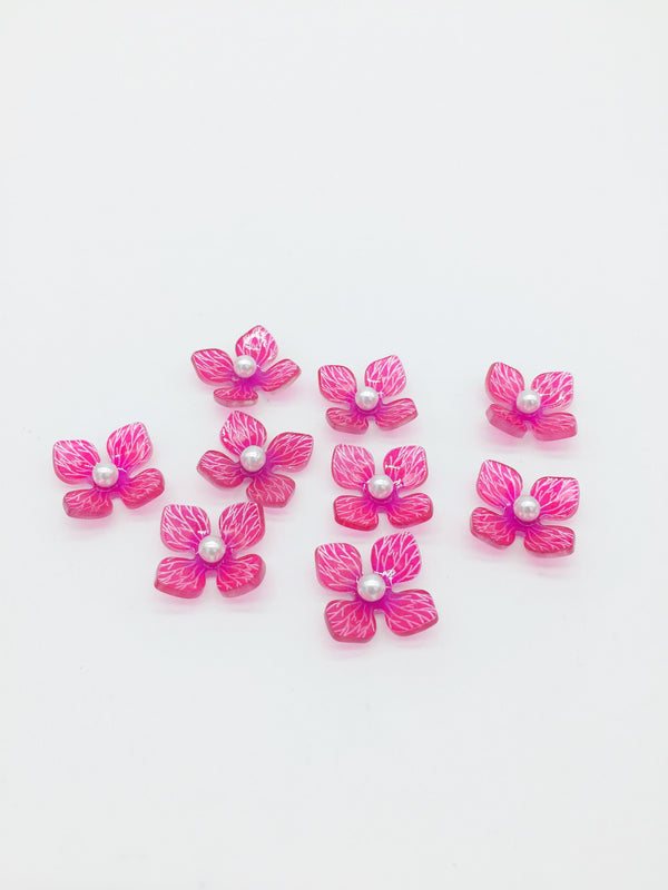 4 x Translucent Pink Flower Cabochons, Pearl Centre Acrylic Flower Embellishment, 20x15mm (3141P)