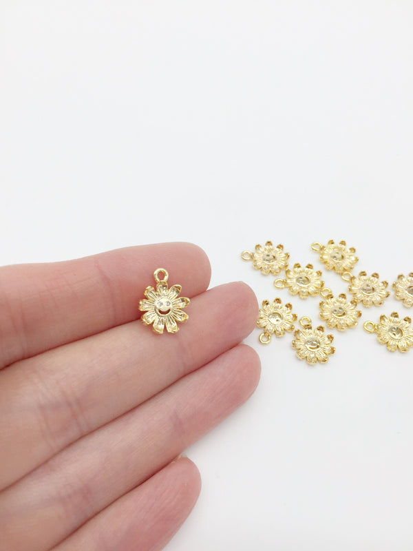 2 x 18K Gold Plated Daisy Flower with Face Charms with Cubic Zirconia, 10.5x13mm (0375)