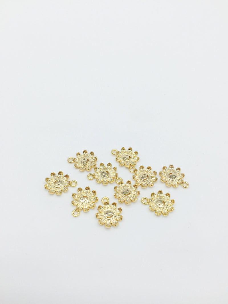 2 x 18K Gold Plated Daisy Flower with Face Charms with Cubic Zirconia, 10.5x13mm (0375)