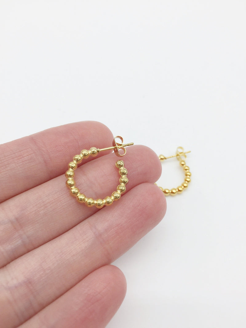 1 pair x Gold Plated Stainless Steel Beaded Hoop Earring Studs, 18mm (1731)