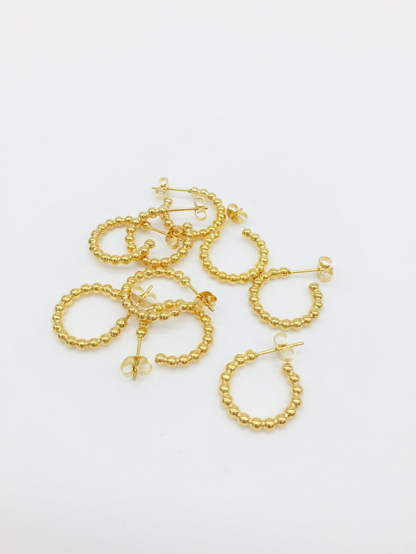 1 pair x Gold Plated Stainless Steel Beaded Hoop Earring Studs, 18mm (1731)