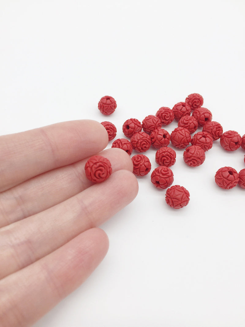 10 x Carved Red Coral Imitation Round Beads, 10mm (1757)