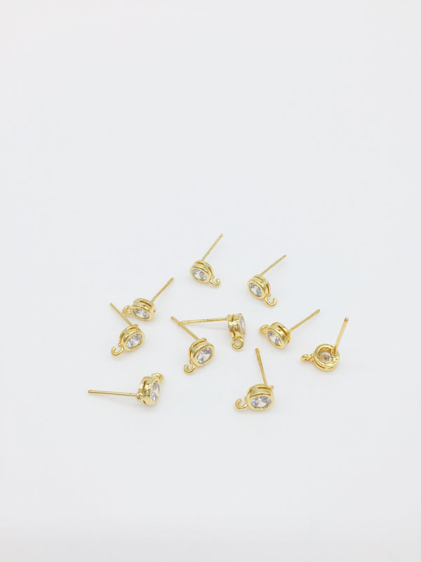 1 pair x 18K Gold Plated Round CZ Earring Studs, 5x11.5mm (0408)