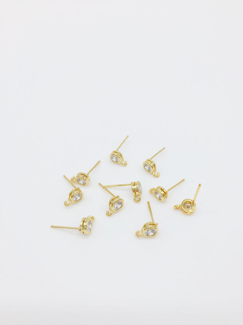 1 pair x 18K Gold Plated Round CZ Earring Studs, 5x11.5mm (0408)