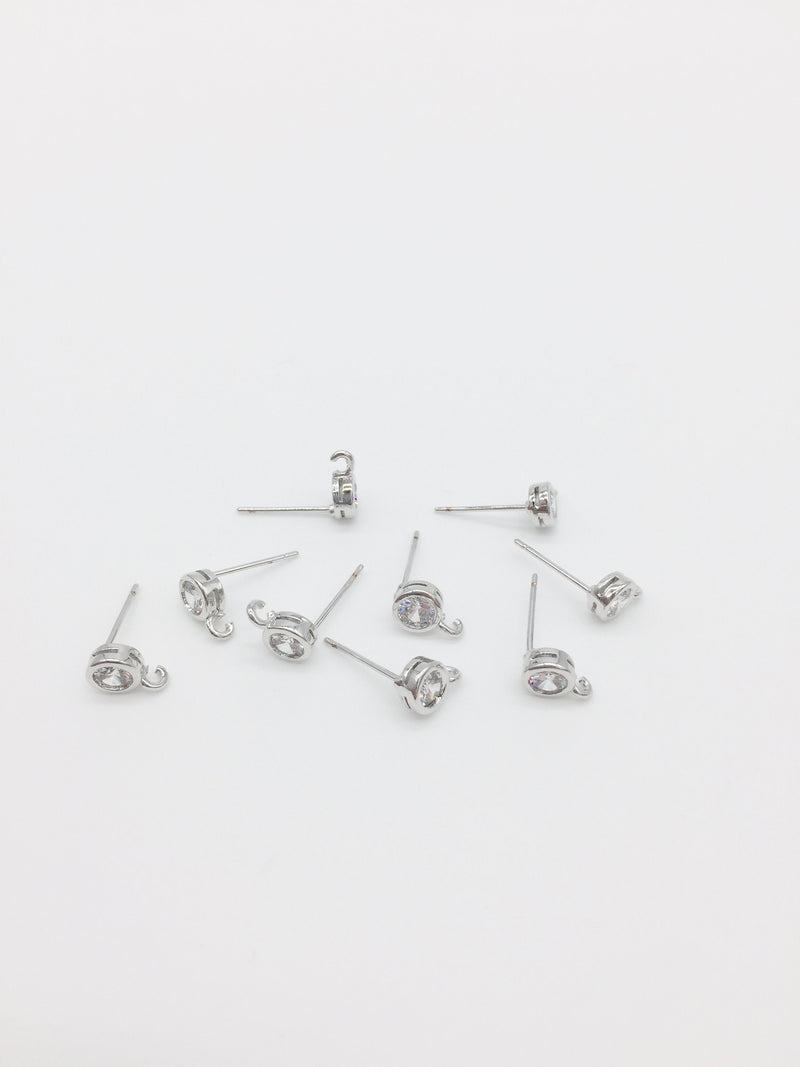 1 pair x Platinum Plated Round CZ Earring Studs, 5x11.5mm (0419)