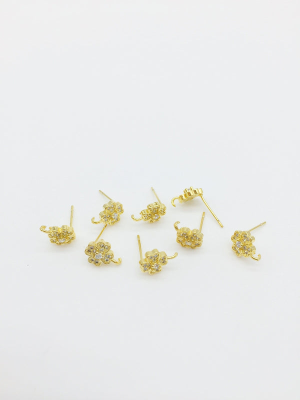 1 pair x 18K Gold Plated CZ Clover Earring Posts, 9x11.5mm (0416)