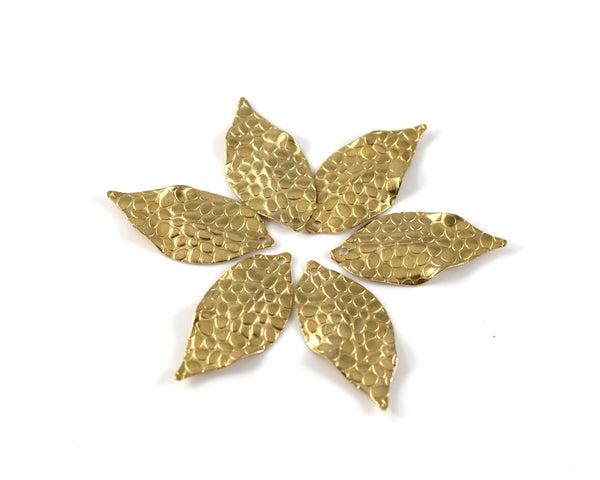 6 x Textured Raw Brass Leaf Pendants, 26x13mm (C0268)