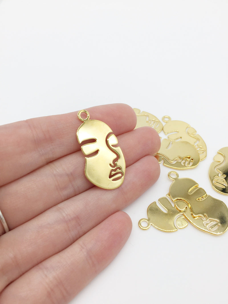 2 x 18K Gold Plated Face Outline Charms, 34x18mm Abstract Face Profile Pendant (0410G)