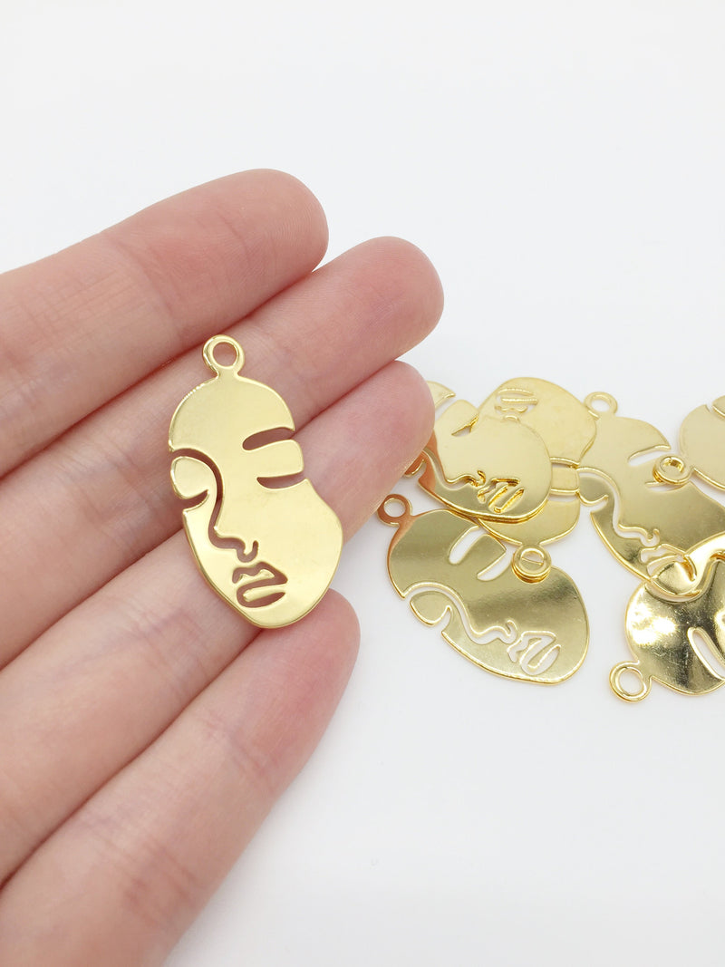 2 x 18K Gold Plated Face Outline Charms, 34x18mm Abstract Face Profile Pendant (0410G)