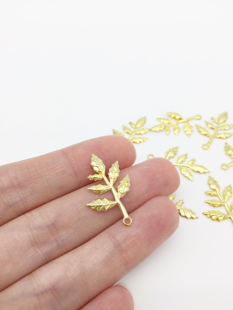 10 x Gold Leaf Branch Charms, 30x15mm Metal Leaves