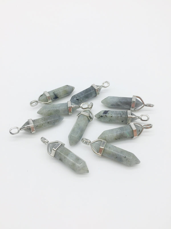 1 x Pointed Crystal Natural Labradorite Pendant with Bail, 43x13mm (0397)