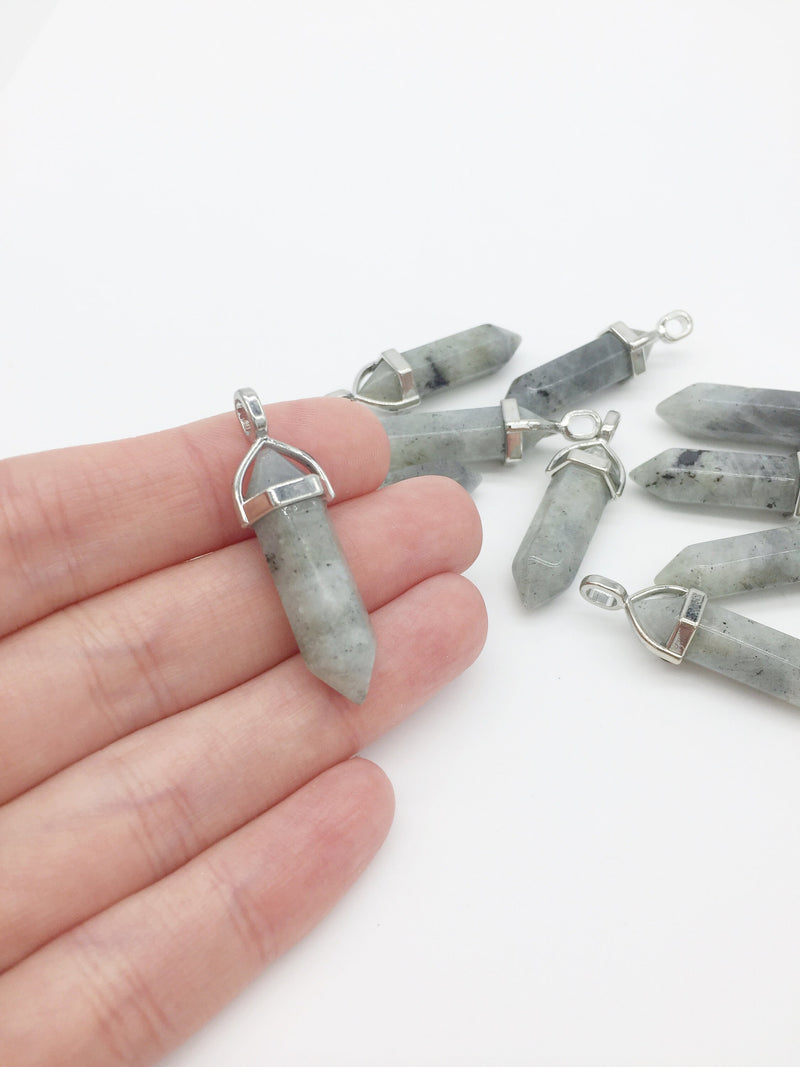 1 x Pointed Crystal Natural Labradorite Pendant with Bail, 43x13mm (0397)