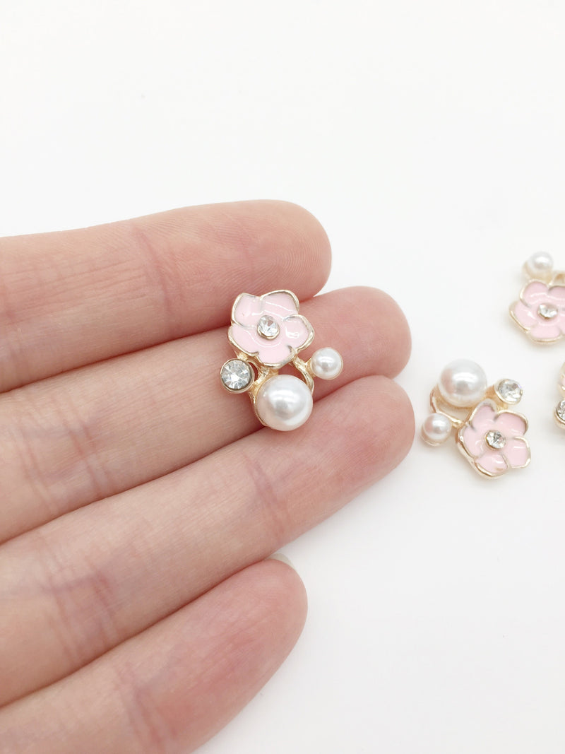 4 x Pink Flower and Pearl Cabochons with Gold Tone Base, 28x15mm