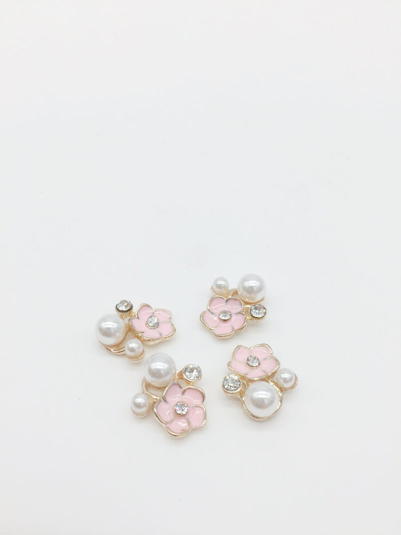 4 x Pink Flower and Pearl Cabochons with Gold Tone Base, 28x15mm