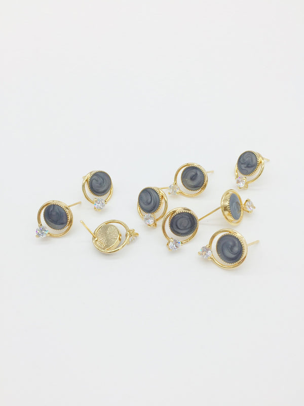 1 pair x 18K Gold Plated CZ and Enamel Earring Studs, 12x11mm (0406)