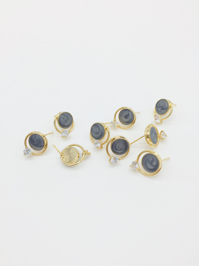 1 pair x 18K Gold Plated CZ and Enamel Earring Studs, 12x11mm (0406)