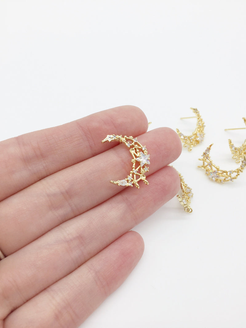 1 pair x 18K Gold Plated CZ Moon and Stars Earring Posts with Two Loops, 20x15.5mm (0407)