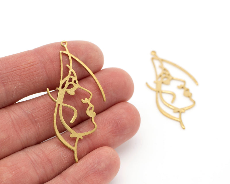 2 x Raw Brass Face Silhouette Pendants, 50x22mm Face Outline Open Bezel Pendants (C0111)