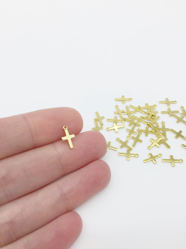 40 x Dainty Raw Brass Cross Charms, 10x6mm (0369)