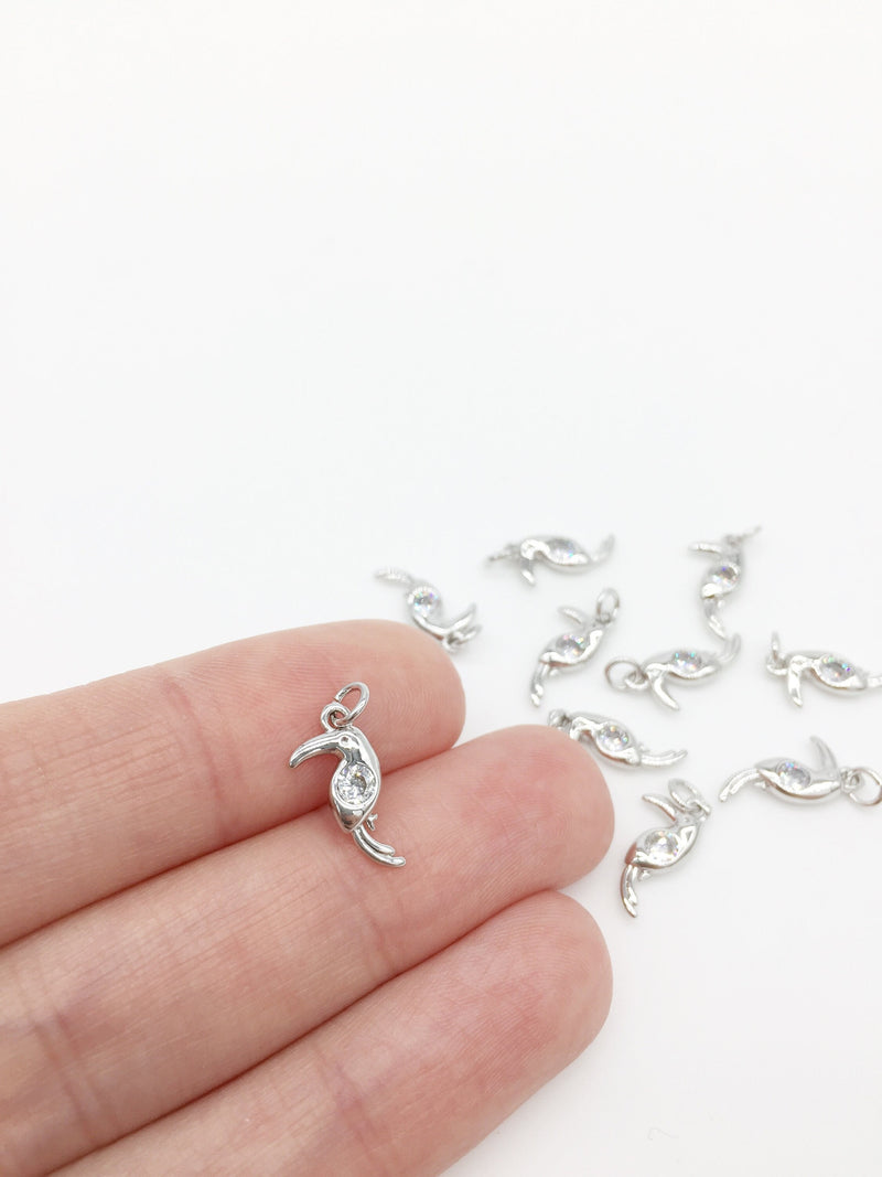 1 x Rhodium Plated Dainty Toucan Pendant with Cubic Zirconia, 14x7mm Minimalist Bird Charm (1093S)