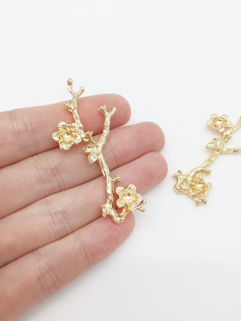 2 x Champagne Gold Flower Branch Embellishments, 57x25mm (0827)