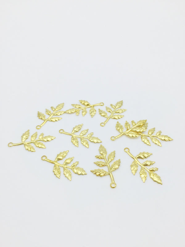 10 x Gold Leaf Branch Charms, 30x15mm Metal Leaves