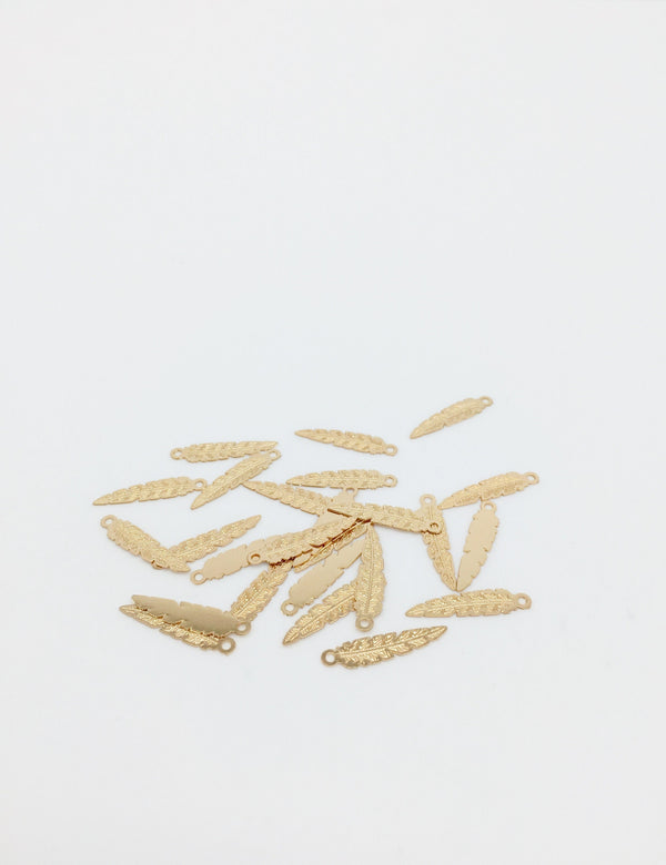 10 x 18K Gold Plated Embossed Feather Charms, 17x4mm (0465)