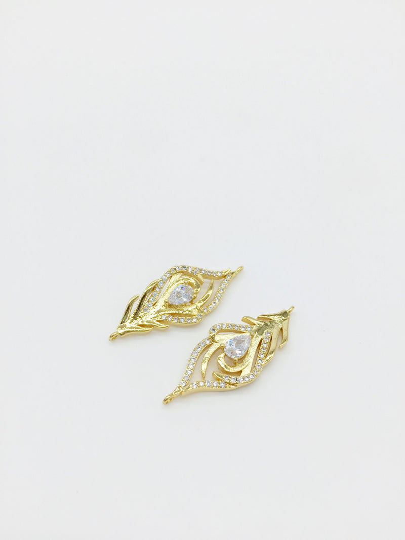 1 x 18K Gold Plated Feather Connector with Cubic Zirconia, 34x13mm (2708G)