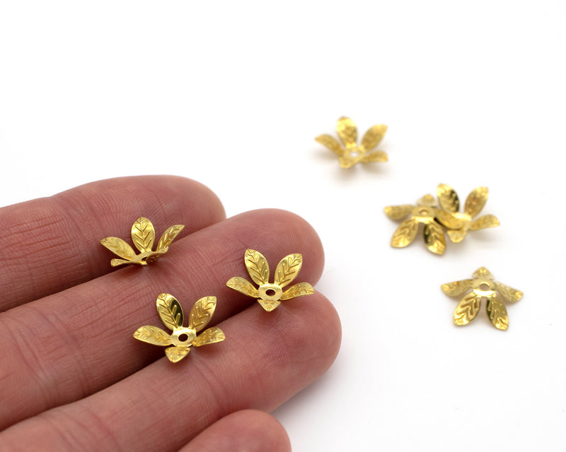 10 x Raw Brass Embossed Petal Flower Bead Caps, 14mm (C0094)