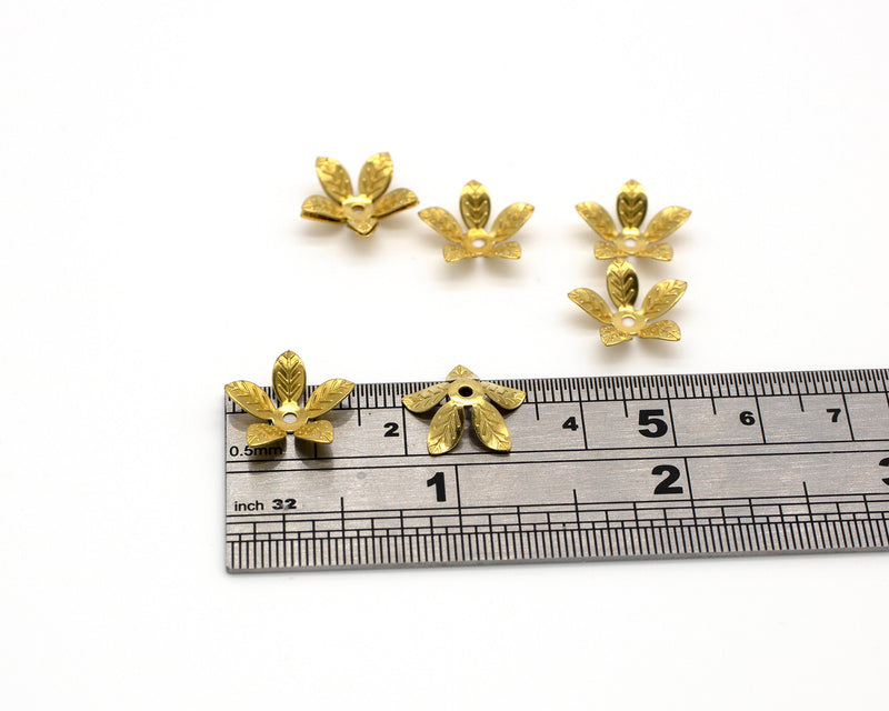 10 x Raw Brass Embossed Petal Flower Bead Caps, 14mm (C0094)