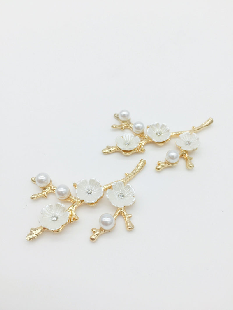 2 x Gold Plated Plum Blossom Branch Embellishments, 51x35mm