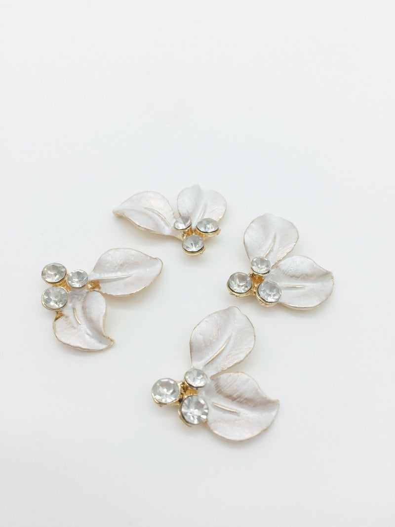 4 x Pearl Enamel Coated Leaf Embellishments with Crystals, 24x20mm