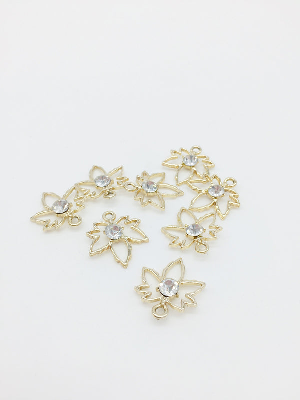 8 x Gold Tone Open Maple Leaf Charms with Crystal, 22x20mm