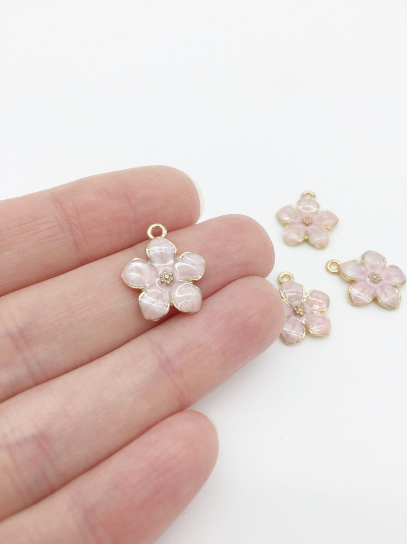 4 x Gold Plated Pearl Pink Enamel Flower Charms, 16x14mm