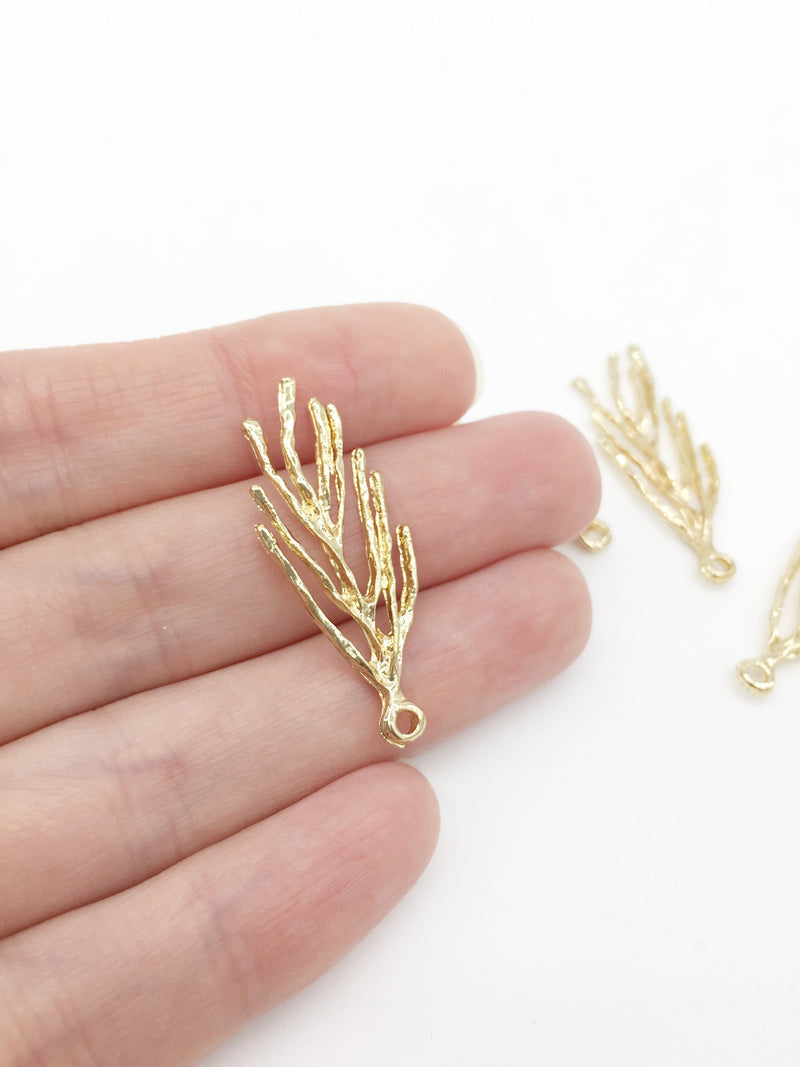 2 x Champagne Gold Conifer Branch Charms, 37x14mm