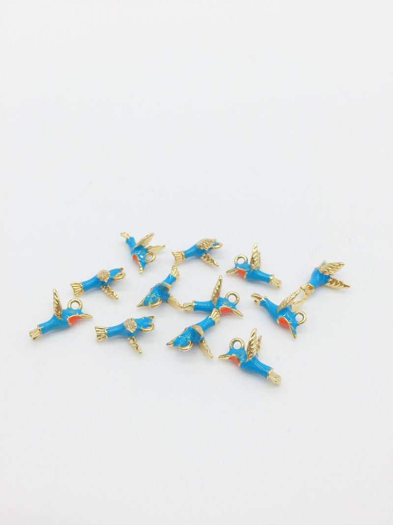 2 x 18K Gold Plated Hummingbird Charms, 14x9mm 3D Bird Pendants (1029)