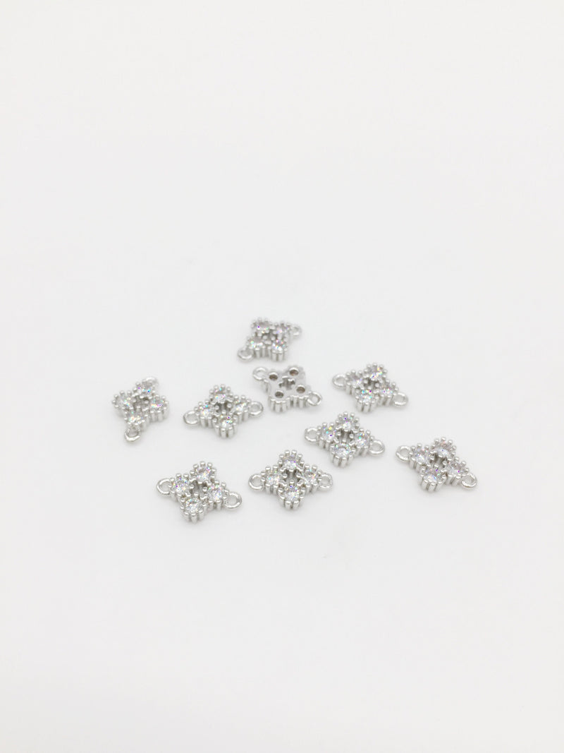 2 x Rhodium Plated Cubic Zirconia Quatrefoil Floral Connectors, 13.5x9mm (1192)