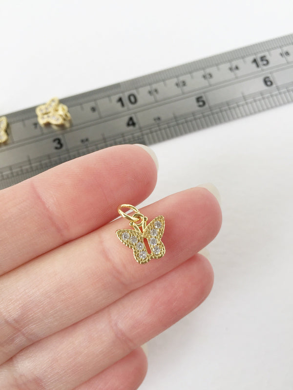 1 x 18K Gold Plated Brass Butterfly Charm with Cubic Zirconia, 10x10mm (1446G)