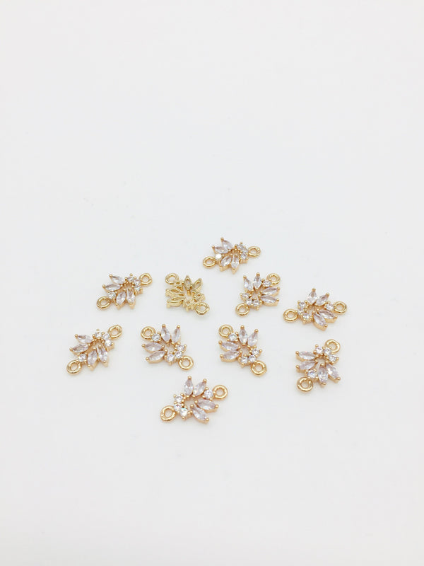 2 x 24K Gold Plated CZ Flower Jewellery Connectors, 15x11mm (0003)