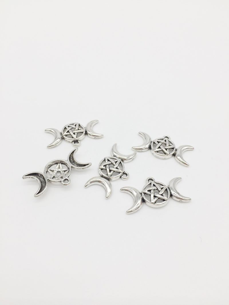 10 x Antique Silver Triple Moon Pendants, 30x16mm Moon and Pentagram Charms (3193)