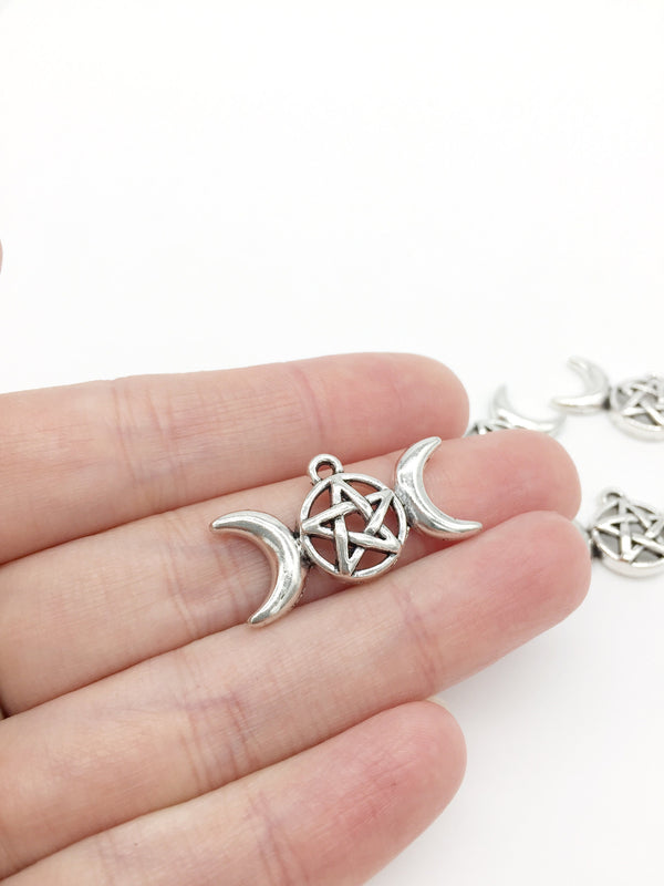 10 x Antique Silver Triple Moon Pendants, 30x16mm Moon and Pentagram Charms (3193)