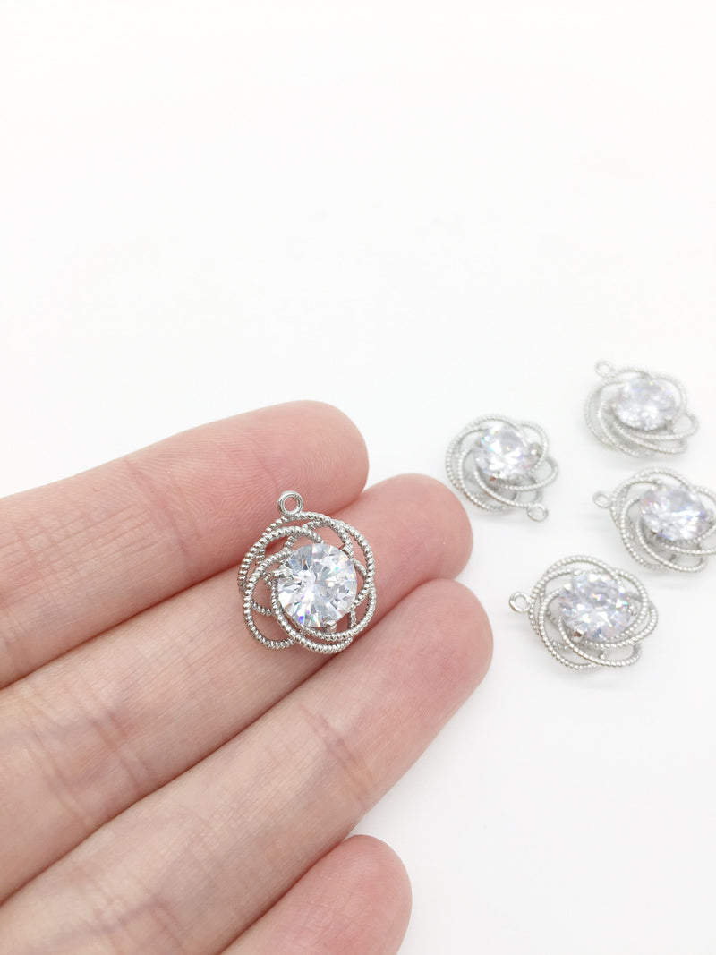 1 x Rhodium Plated Cubic Zirconia Swirl Charms, 17x15mm (1133)