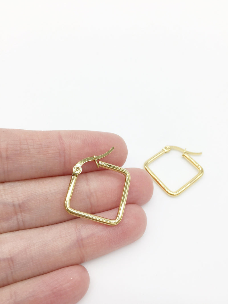 1 pair x Gold Plated Tubular Rhombus Creole Earring Blanks, 18x24mm (1738)