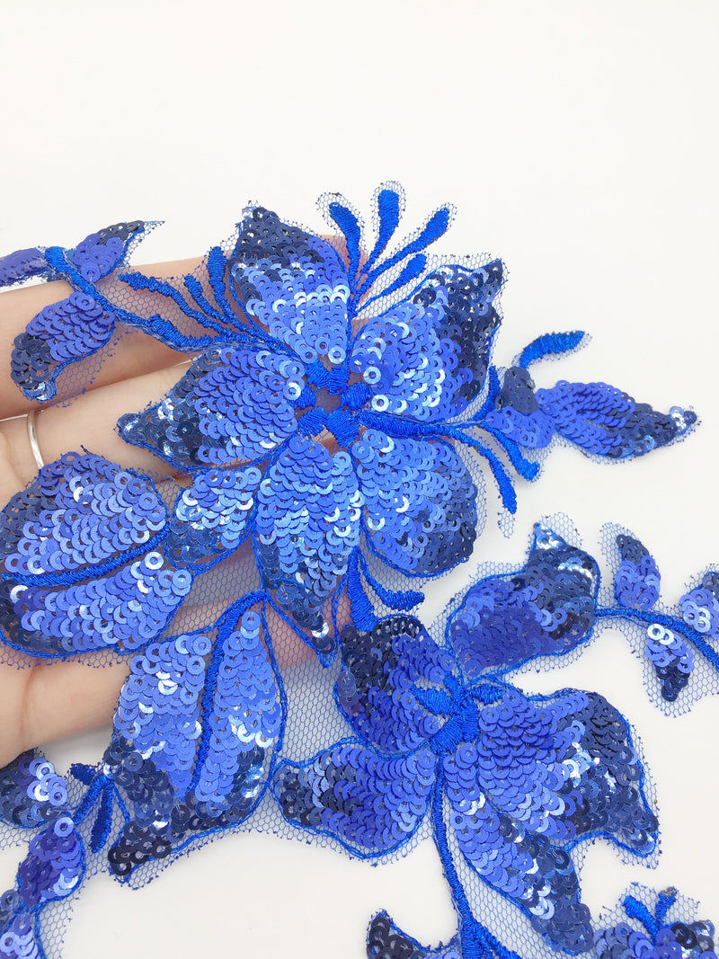 Royal Blue Beaded Lace Applique, 29x15mm