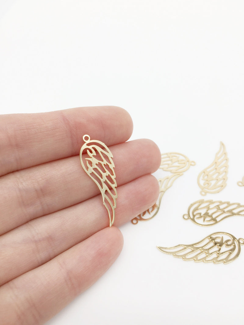 8 x Gold Plated Filigree Wing Charms, 32x13mm Etched Metal Wing Pendants (3300)